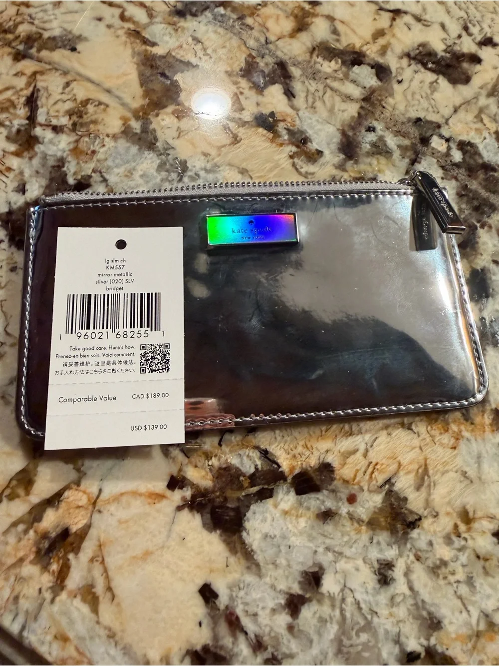 KATE SPADE NWT Iridescent Metallic Silver Wallet Card Case Zip Coin Slot